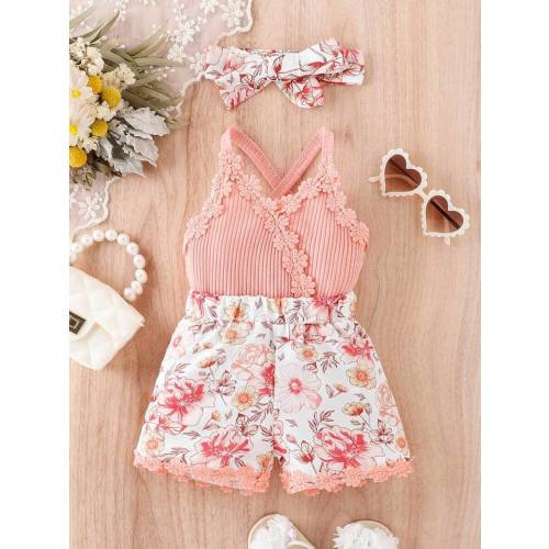 Baby Girl Floral Print Appliques Crisscross Back Cami Romper | SHEIN USA