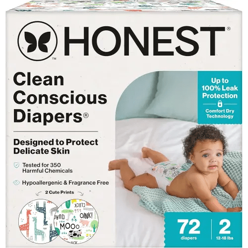 The Honest Company Clean Conscious Diapers for Sensitive Skin | Up to 100% Leakproof | Hypoallergenic, Fragrance Free | Gender Neutral | Club Box, Size 2 (12-18 lbs), 72 Count (Prints May Vary)