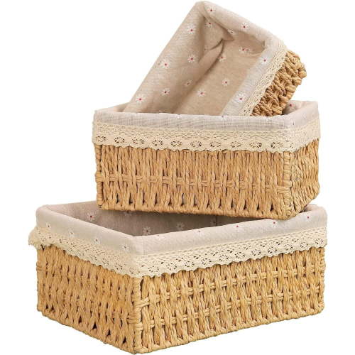 Set of 3 Wicker Storage Basket, Small Rectangular Wicker Basket with Linen Fabric, Braided Storage Box for Home, Bedroom, Bathroom