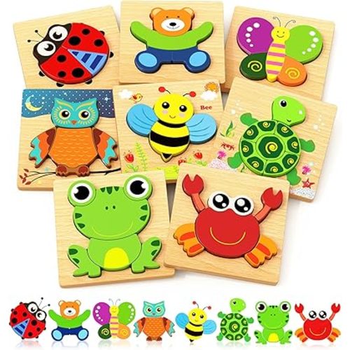Bekayshad Wooden Puzzles Toddler Toys Gifts for 1 2 3 Year Old Boys Girls, 8 Pack Animal Jigsaw Puzzles Montessori Toys, Learning Educational Christmas Birthday Gifts for Girls Boys Ages 1-3