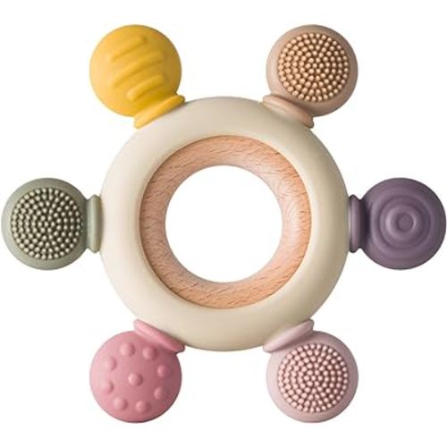 Baby Teething Toys Silicone Teethers BPA Free Silicone Rudder with Wooden Ring Soothe Babies Gums (Khaki)