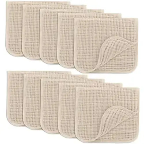 Comfy Cubs Muslin Burp Cloths 20" x 10", Pack of 10 - Large, 6-Layer, Ultra Absorbent 100% Cotton for Baby Drool and Messes - Soft, Safe & Gentle Baby Burp Cloths for Boys & Girls - Sand