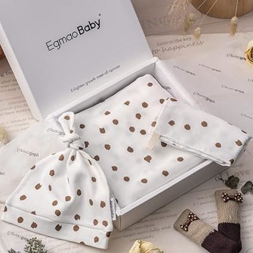 Baby Swaddle Blankets Set with Matching Hat and Drool Cloth Organic Cotton Muslin Blanket Soft Newborn Wrap Receive Blanket Photography Prop Large 47 * 47 Shower Gifts for Boys Girls (Dots)