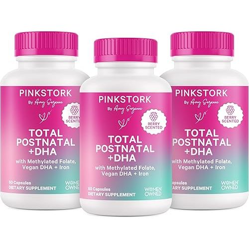 Pink Stork Total Postnatal Vitamins for Women with Vegan DHA, Iron, Folate, and Vitamin B12, Postpartum Recovery Essentials, Daily Supplement for Breastfeeding Moms - 3 Month Supply