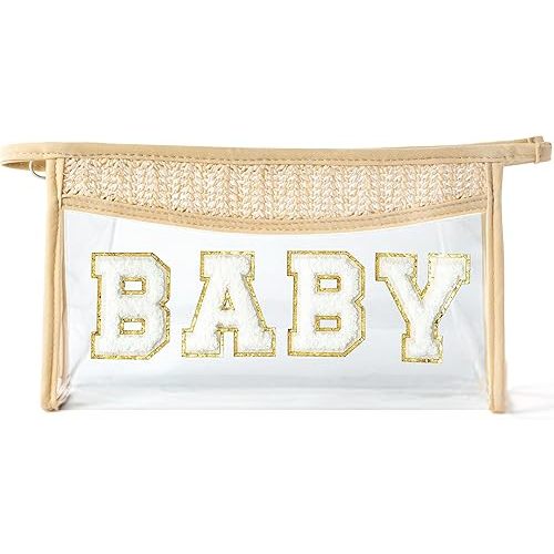 Boho Patch Cosmetic Bag - Summer Gifts BABY Chenille Varsity Letter Toiletry Kit Beige Clear Waterproof Travel Makeup Bag PVC Zipper Clutch Daily Use Purse for Mom Women Girls Wife