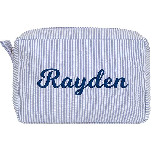 MT WORLD Cosmetic Bag Personalized Makeup Bag Seersucker Preppy Bridesmaid Makeup Bag Aesthetic Cute Women Toiletry Bag Girls Handbags Purses (Blue) | Personalized, Seersucker, Preppy, Bridesmaid, Aesthetic, Cute, Handbags, Purses, Blue
