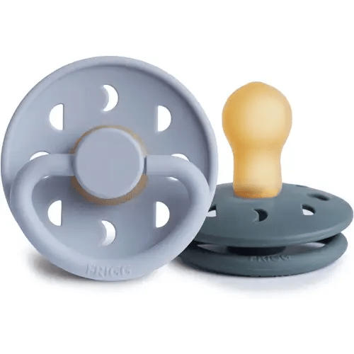 FRIGG Moon Natural Rubber Baby Pacifier | Made in Denmark | BPA-Free (Powder Blue/Slate, 0-6 Months) 2-Pack