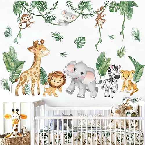 wondever Jungle Animals Tropical Leaves Wall Stickers Safari Lion Giraffe Elephant Peel and Stick Wall Art Decals for Baby Nursery Kids Bedroom Living Room