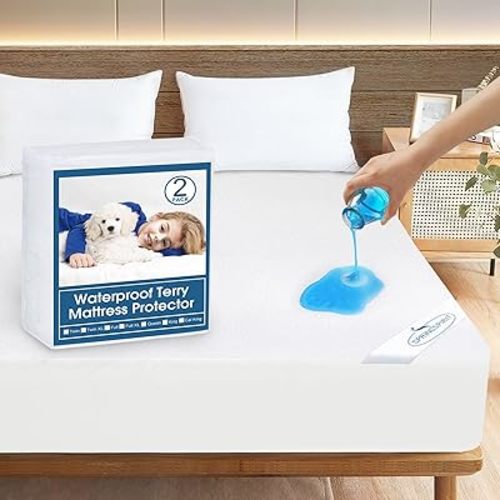 Crib Mattress Protector Waterproof 2 Pack Crib Sheets Fitted Mattress Pad Cover Soft Terry Breathable Fit for Toddler Bed Mattress up - 8" Machine Washable Crib Sheets