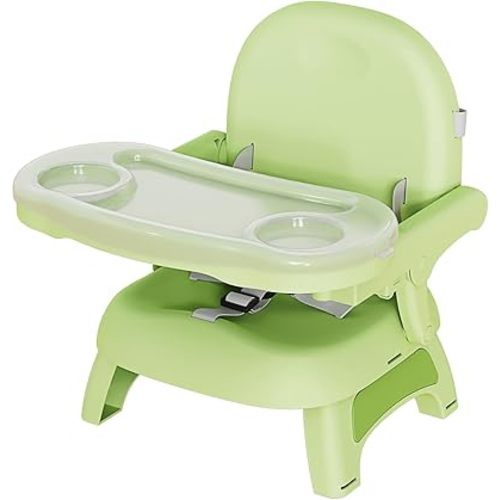 Booster Seat for Kitchen Chair, 3-in-1 Foldable Baby Booster Seat with Removable Dual Tray & 3-Point Harness, Portable Toddler Booster Chair for Dinning Table, Travel, Outdoor Camping, Green