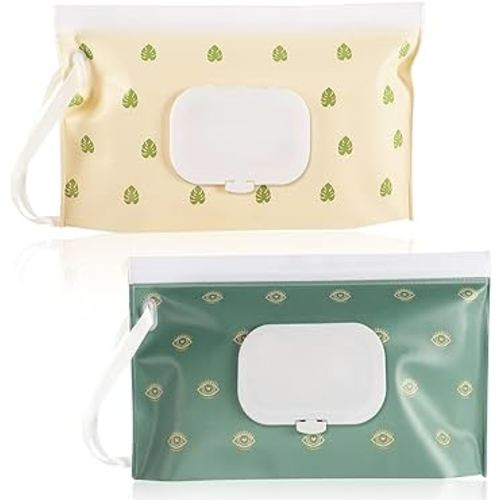 FEBSNOW 2 Pack Baby Wipes Dispenser, Portable Refillable Wipe Holder Baby Wipes Container Travel Wipes Case Reusable Boho Wet Wipes Pouch