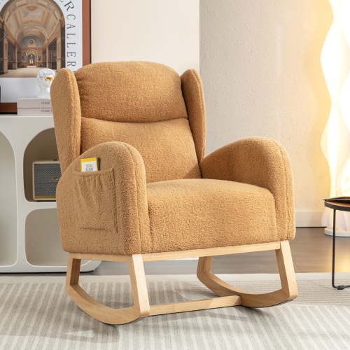 Muumblus Nursery Rocking Chair, Wingback Glider Rocker, Indoor Uphlostered Rocking Chair, Khaki Teddy