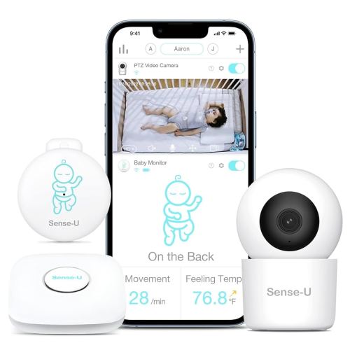 Sense-U Smart Baby Monitor +2K PTZ Camera - Tracks Abdominal Movement, Rollover, Temp, 2K Video, Audio, Motion, with Realtime Alert, Pan-Tilt-Zoom, Night Vision FSA/HSA Eligible