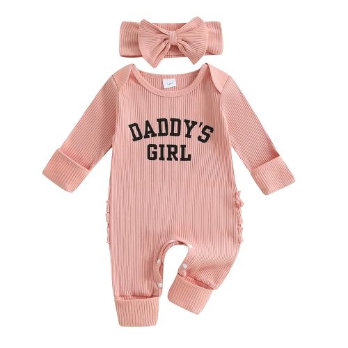 FIOMVA Im New Here Newborn Outfit Girl Long Sleeve Letter Romper Ribbed Knit Jumpsuit Baby Girl Preemie Coming Home Outfit
