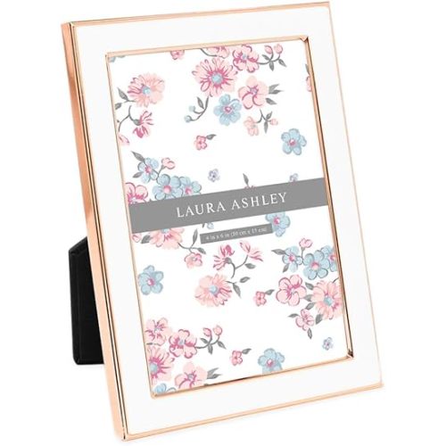 Laura Ashley 4x6 White Enamel Picture Frame, Rose Gold Metal Edge with Easel, for Countertop, Counterspace, Tabletop Display, Bookshelf, Desk, Wall Décor, Photo Gallery