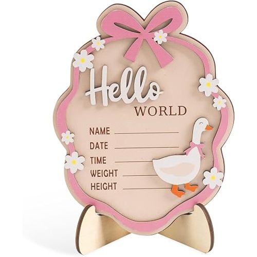 Baby Announcement Sign, Wooden Hello World Newborn Sign with Stand, 3D Pink Bow Goose Floral Name Board, Welcome Girl Birth Decorations for Hospital Nursery New Baby Shower Photo Prop Gifts