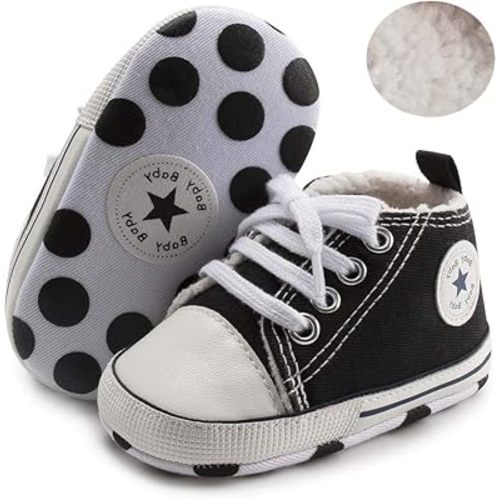 Color: A02/Black With Fleece, Size: 0-6 Months - Baby Canvas Sneakers Soft Sole High-Top , Meckior