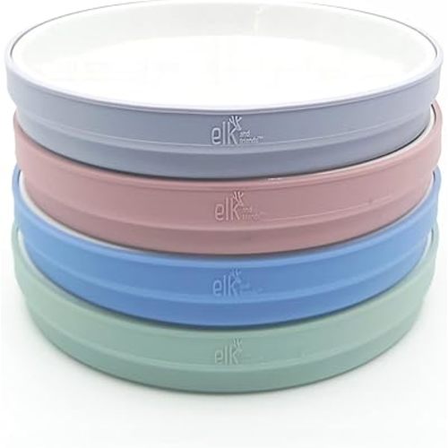 Elk and Friends Kids 7.8” Porcelain White Plates with Silicone Sleeves | Suitable for Kids/Toddlers | Microwave & Dishwasher Safe | Non Slip | Snack Dishes