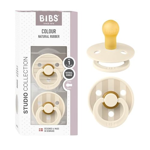 BIBS Pacifiers - Colour Studio 2 Pack | Round Nipple Baby Pacifier | BPA Free Natural Rubber Latex Soother | Made in Denmark | Size 0+ Months | Pin Ivory Vanilla