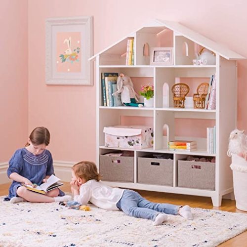 MARTHA STEWART Kids' Deluxe Dollhouse Bookcase - Creamy White: Large Wooden Organizer Shelves with Storage Bins for Books, Dolls, Toys, School Supplies | Ages 5-12