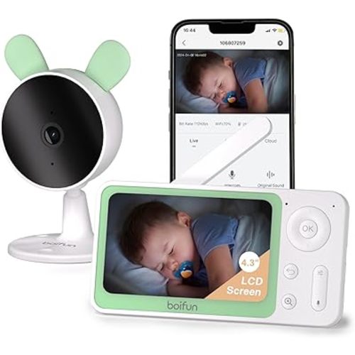 BOIFUN Entry-Level Video Baby Monitor, Mobile Phone APP Control & LCD Monitor, 4.3'' 4X Zoom Display, AI Motion & Sound Detection, 1080P Wireless (Moniteur Bébé), Invisible Infrared Night Vision