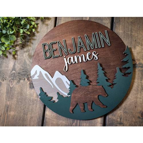 Custom Boys Bear Name Sign, Bear in Woods Wall Decor, Personalized Above Crib Art, Primitive Nursery, Circle Kids Sign, Laser Cut Wood Signs