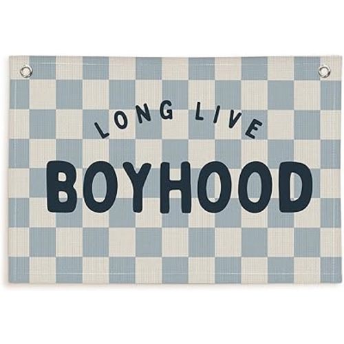 Lacama Blue Long Live Boyhood Boys Room Decor, Boy Nursery Decor, Linen Banner Wall Hanging Canvas Banner Flag Decor for Toddler Boy Room Nursery 30x20 In