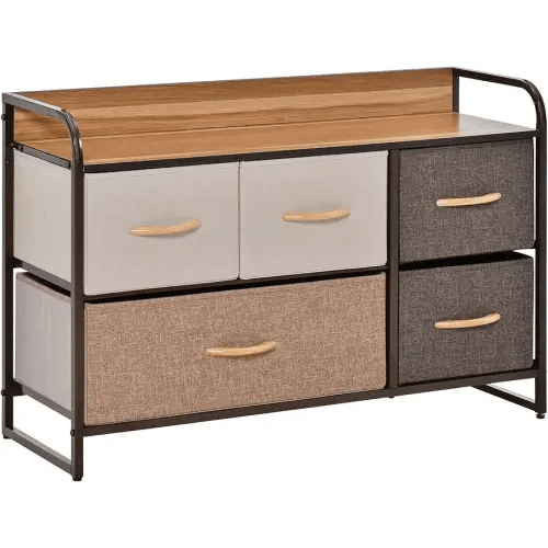 HOMCOM 5-Drawer Dresser, Fabric Chest of Drawers, 2-Tier Storage Tower with Steel Frame and Wooden Top for Bedroom, Nursery Room, Multicoloured