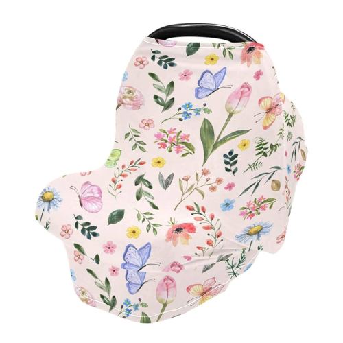 Watercolor Butterfly Spring Flowers Baby Car Seat Covers Cute Wildflowers Carseat Canopy Soft Infant Stroller Cover Nursing Breastfeeding Covers for Girls Boys Newborn Fit Summer Spring Autumn