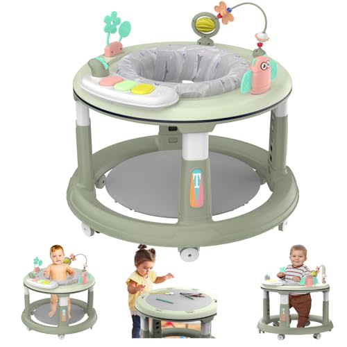 Baby Walker with 5 Adjustable Heights, Baby Walkers and Activity Center for Boys Girls Babies 6-12 Months, Features 360 Degree Swivel Seat, Music, Detachable Toys, Bounce Foot pad(Green)…