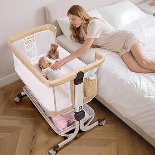 Baby Bassinet Bedside Sleeper, Upgraded Stability Bedside Crib with Full Mesh Sides, Soft Sheet, 6-Height Adjustment, Storage Basket, Easy Folding Portable Bassinet for Newborns, Oatmeal