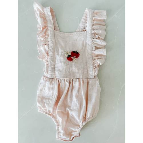 Baby Girl Strawberry Hand Embroidered Linen Romper