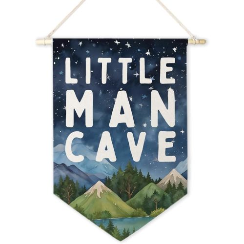 ArtisaEura Little Man Cave Wall Canvas Banners, Mountain Nursery Decor, Woodland Mountain Landscape Hanging Display Pennant Banner Flags, Nursery Wall Decor for Kids Boys Room Bedroom Playroom