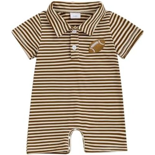 Karuedoo Newborn Baby Boy Football Outfit Embroidery Stripe Button Down Collared Shirt Romper Short Sleeve Jumpsuit Bodysuit