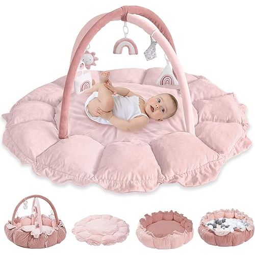 HAN-MM 5-in-1 Convertible Baby Play Gym with 6 Toys, Tummy Time Mat for Sensory Development, Baby Activity Center from Newborn to Toddler, Ball Pit, Cat & Dog Bed, Soft Plush Pet Bed, Pink