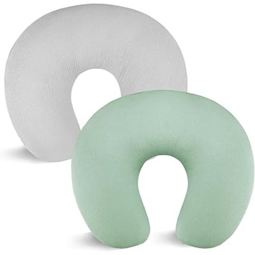 Hooyax Muslin Nursing Pillow Covers 2 Pack, Soft and Breathable Nursing Covers for Breastfeeding Pillows, Adorable Infant Feeding Pillow slipcover for Baby Boy and Girls (Green Gray)