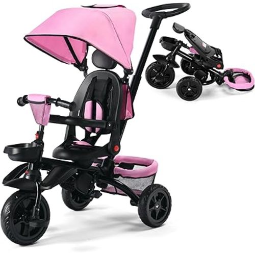Kinder King Kids Tricycle, 7 in 1 Folding Toddler Trike w/Adjustable Push Handle, Rotatable Seat, Adjustable Canopy, Safety Harness, Storage, Toddler Stroller Bike for Age 6 Months+,Pink