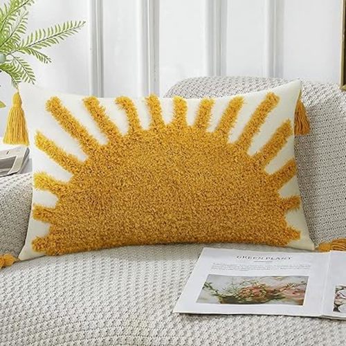 Decorative Boho Throw Pillow Covers 12x20, Lumbar Tufted Pillows Cover for Couch Bed, Sun Sunshine Pillow Cover for Kids