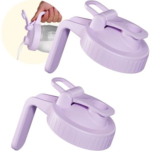 2 Pack Wide Mouth Mason Jar Lids with Leak-Proof Seal, Mason Jar Pour Spout Lid with Flip Cap and Handle, Plastic Canning Lids for Milk, Salad, Dressing, Drinking Storage Bottle, Purple