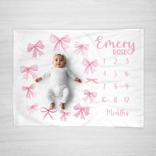 Pink Bow Milestone Blanket, Personalized Baby Girl Month Blanket, Custom Baby Shower Gift, Demure Coquette Aesthetic, Gift for new mom