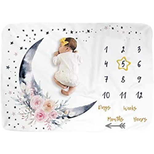 BUTTZO Floral Moon Baby Monthly Milestone Blanket, 40" x 60", Fleece, Unisex, Lightweight