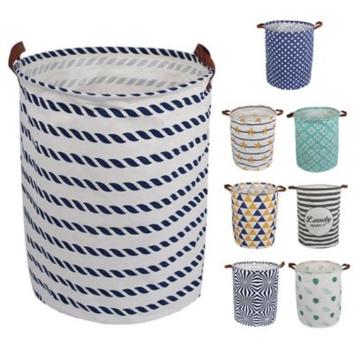 AUCHEN Laundry Hamper, Large Waterproof Cotton Fabric Laundry Baskets with 2 Handles - 19.7"Hx 15.7"Wx 15.7"L - Dirty Clothes, Kids Baby Toys Organizer(Round - Blue Line)