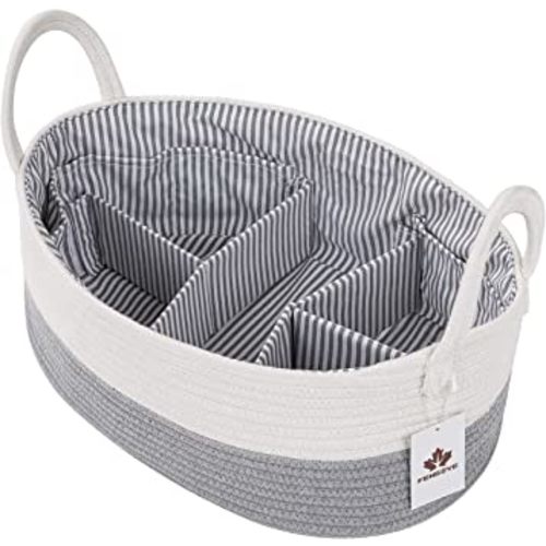 Baby Diaper Caddy Organizer Extra Large Nursery Storage Bin Woven Cotton Rope Baby Shower Basket 16.5"X11"X6.5" with 8 Pockets 5 Compartments Removable Insert Portable Car Travel Tote Bag(White+Grey)