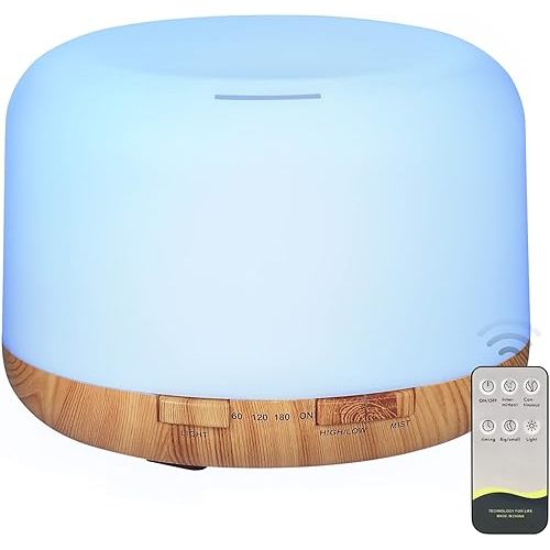Oil Diffuser, 500ml Essential Oil Diffusers, Aromatherapy Diffuser with 2 Mist Mode 4 Timers&7 Ambient Light Waterless Auto Off, Diffusers Large Room Home Office