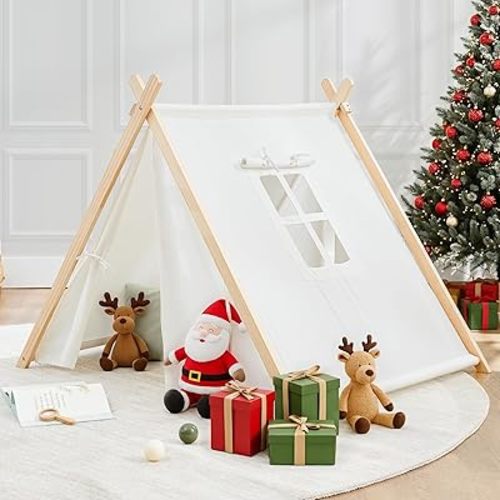 Comfy Cubs Kids Play Tent - Breathable Cotton Teepee for Imaginative Activity - Indoor Canvas Play Tent - Easy Setup, Safe Design, and Spacious Layout for Children - Natural Wood