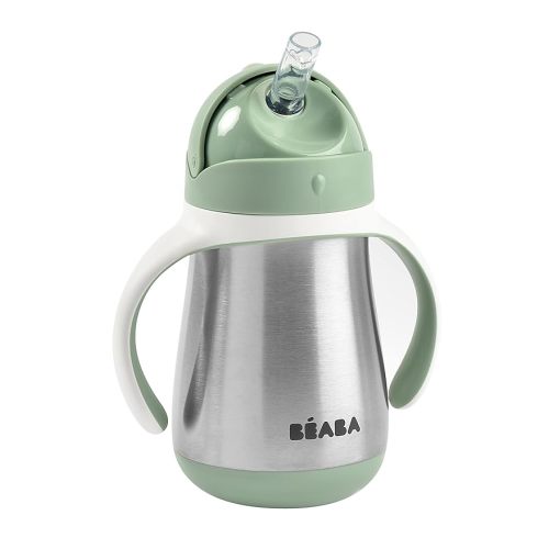 Beaba Stainless Steel Straw Sippy Cup, Insulated Toddler Cups Spill Proof with Removable Handles, Made with High Grade Stainless Steel, 8+ Months, 8 oz (250mL), (Sage)