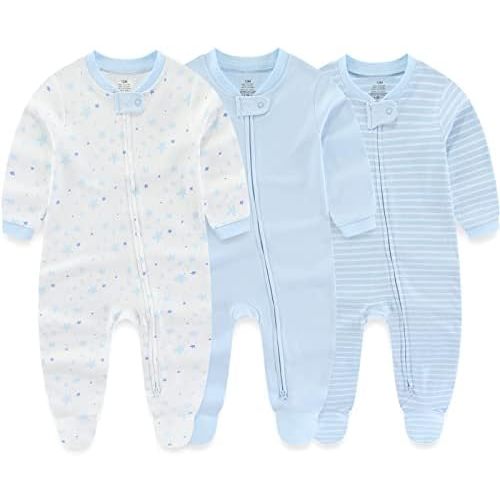 Newborn Baby Boy Girls Clothes 2-Way Zip Footed Cotton Bodysuit 3-Pack Long Sleeve Outfits 0-12Months Baby Pajamas