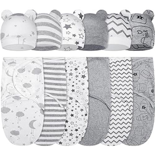 6 Pack Baby Swaddle Blanket with Hats Set for 0-3 Months Preemie Newborn Sacks Soft Cotton Wearable for Baby Boy and Girl (Star,0-3 Months)