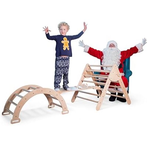 WoodandHearts Montessori Climbing Set - Foldable Triangle Climber with Slide, Ramp, Arch - Wooden Toddler Climbing Toys Indoor Playground Jungle Gym for Kids Age 2-8