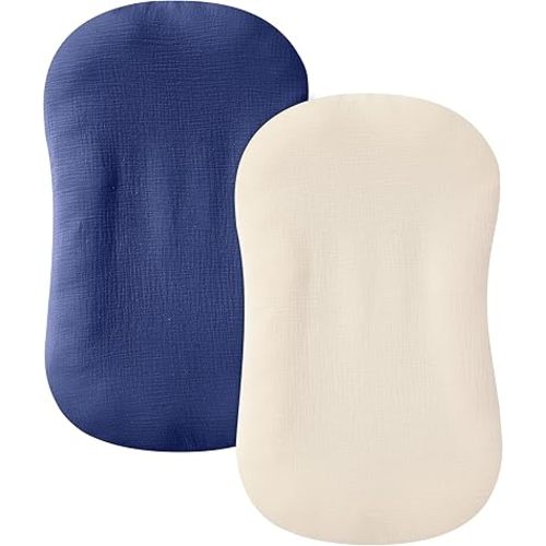 2 Pack Muslin Baby Lounger Cover, 100% Cotton Infant Lounger Cover, Soft & Breathable Replacement Cover Fits Newborn Lounger for Baby Boys and Girls (Midnight Blue,Apricot)